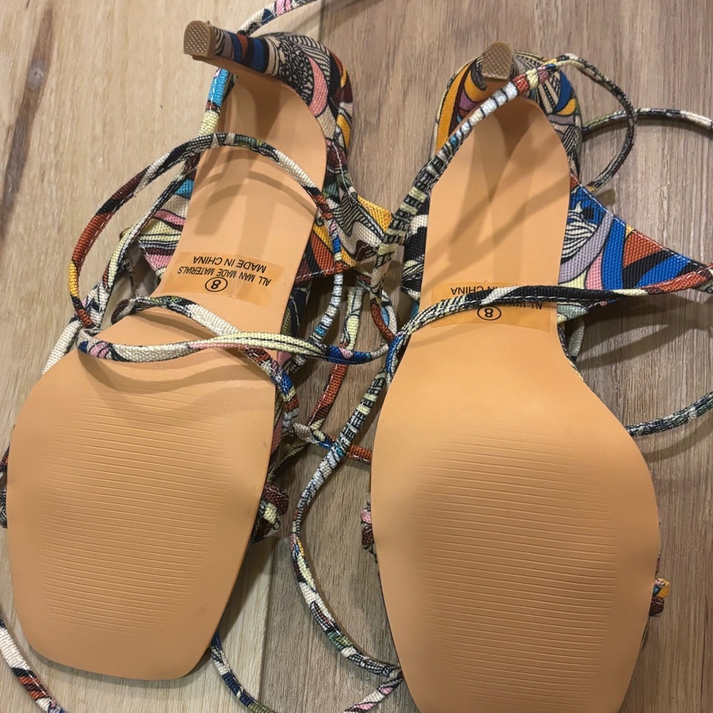 New Lulu's Wiley Multi Print Square toe Lace Up High Heel Sandals size 8 - Picture 10 of 11